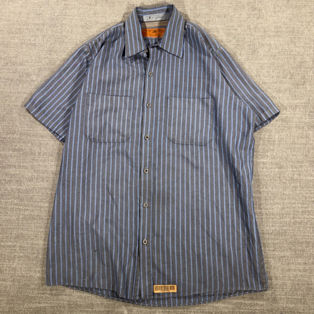 Red Kap Work Shirt Mens Medium Blue Grey Good Striped Short Sleeve Industrial